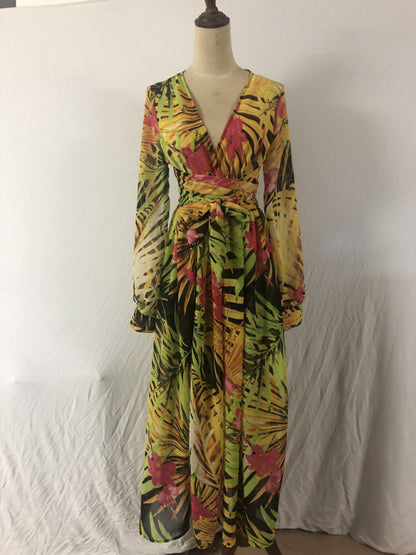 Women's Lantern Sleeve V Neck Print Swing Dress