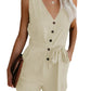 Women's Woven Fashion V-Neck Button-Up Sleeveless Jumpsuit