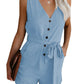 Women's Woven Fashion V-Neck Button-Up Sleeveless Jumpsuit