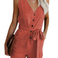 Women's Woven Fashion V-Neck Button-Up Sleeveless Jumpsuit