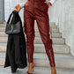 Women's Fashion Slim Fit PU Leather Waist Leg Pants Pockets
