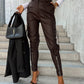 Women's Fashion Slim Fit PU Leather Waist Leg Pants Pockets