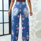 Women's Floral Printed Wide Leg Pants Jeans