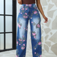 Women's Floral Printed Wide Leg Pants Jeans