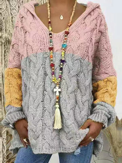 Women's Long-sleeved Hooded V-neck Knitted Sweater (without necklace)