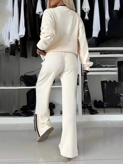 Women's casual suit color matching pocket top wide leg pants two piece set