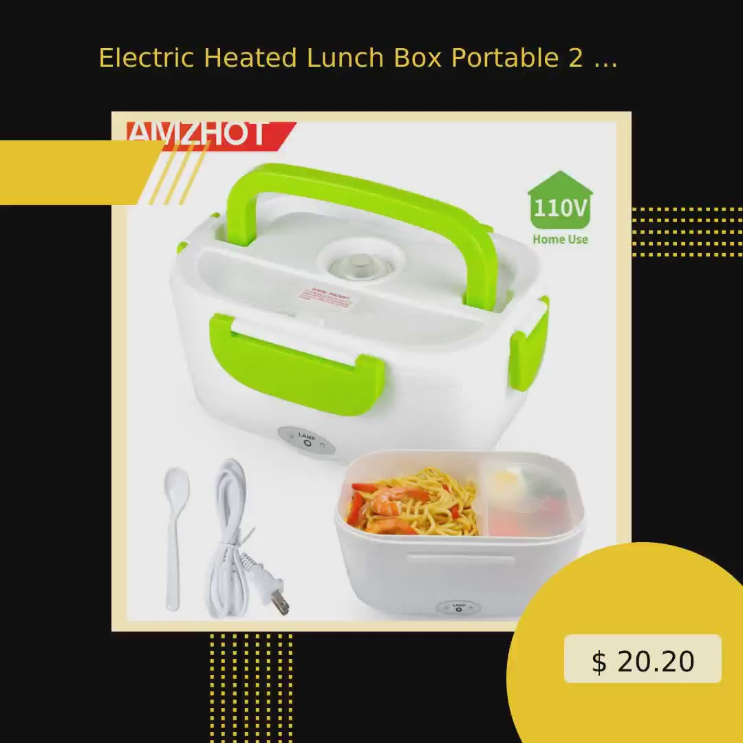 Electric Heated Lunch Box Portable 2 in 1 Car& Home US Plug, Plastic Food Container,12V-24V 110V 220V by@Vidoo