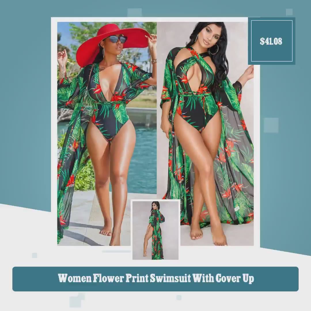 Women Flower Print Swimsuit With Cover Up by@Vidoo