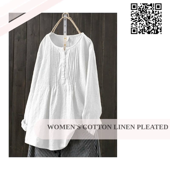 Women&#039;s Cotton Linen Pleated Round Neck Long Sleeve Shirt by@Outfy