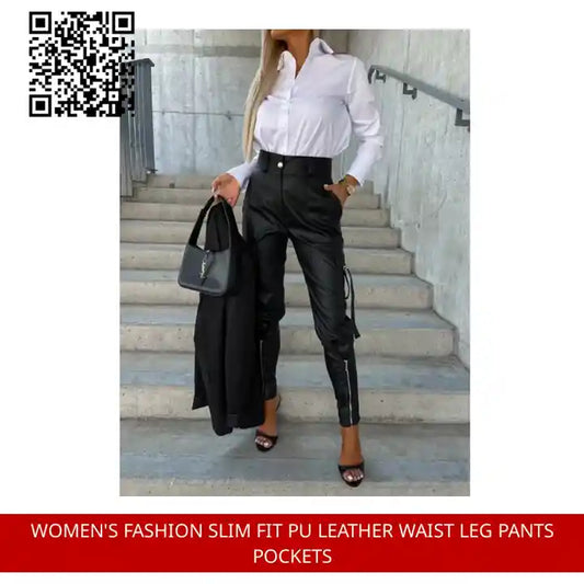 Women's Fashion Slim Fit PU Leather Waist Leg Pants Pockets by@Outfy