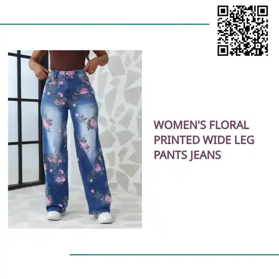 Women&#039;s Floral Printed Wide Leg Pants Jeans by@Outfy