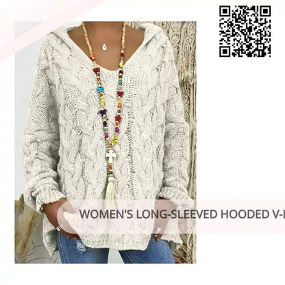 Women&#039;s Long-sleeved Hooded V-neck Knitted Sweater (without necklace) by@Outfy
