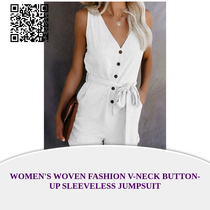 Women&#039;s Woven Fashion V-Neck Button-Up Sleeveless Jumpsuit by@Outfy