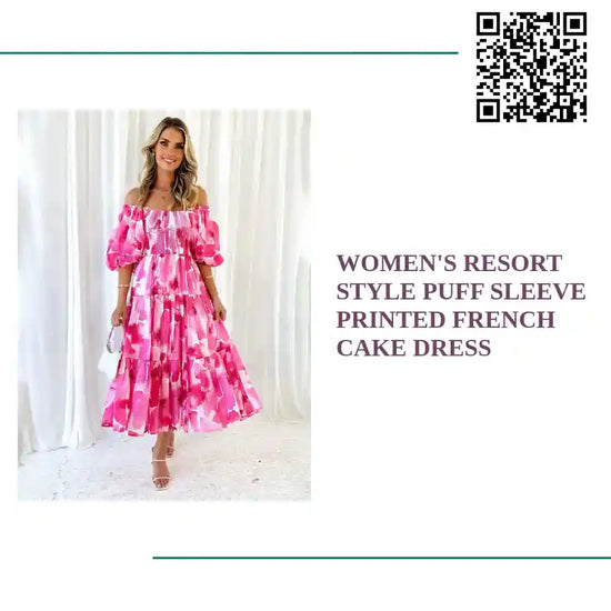 Women&#039;s Resort Style Puff Sleeve Printed French Cake Dress by@Outfy