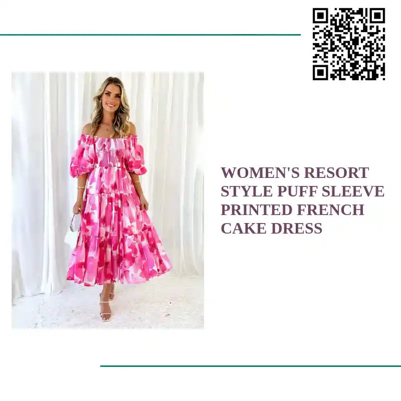 Women&#039;s Resort Style Puff Sleeve Printed French Cake Dress by@Outfy