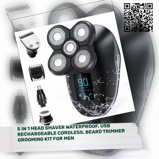 5 in 1 Head Shaver Waterproof, USB Rechargeable Cordless, Beard Trimmer Grooming Kit for Men by@Outfy