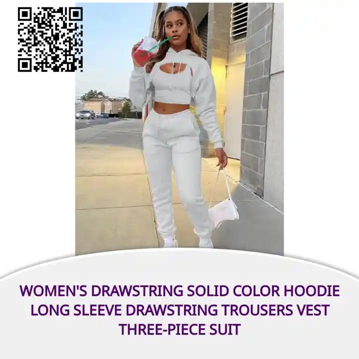 Women's Drawstring Solid Color Hoodie Long Sleeve Drawstring Trousers Vest Three-Piece Suit by@Outfy