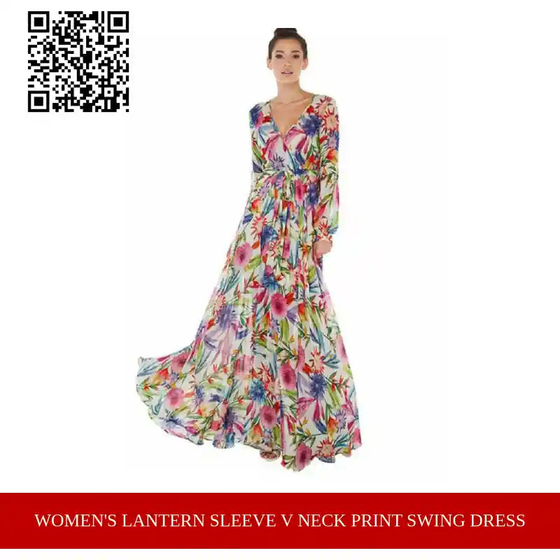 Women&#039;s Lantern Sleeve V Neck Print Swing Dress by@Outfy