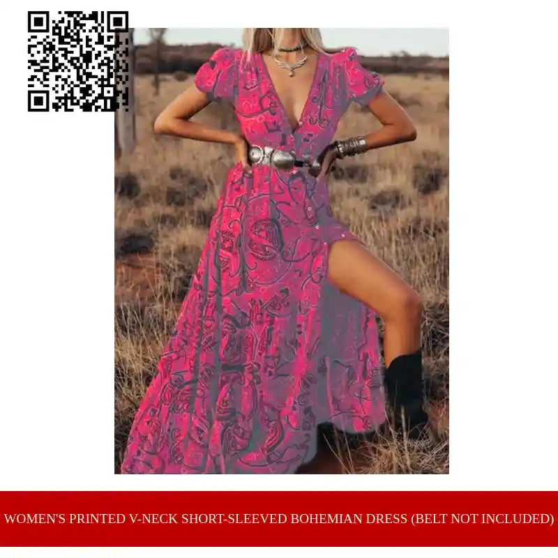 Women&#039;s Printed V-neck Short-sleeved Bohemian Dress (belt not included) by@Outfy